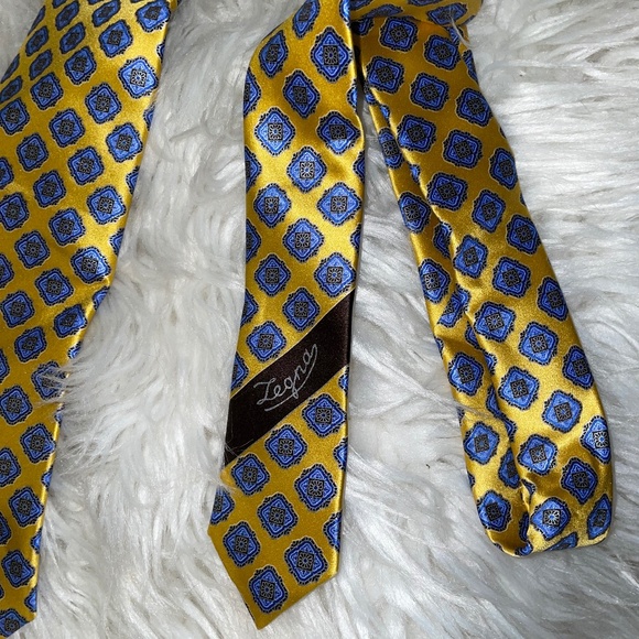 Ermenegildo Zegna Silk Tie Made in Italy yellow/blue diamond medallion print - Picture 4 of 10